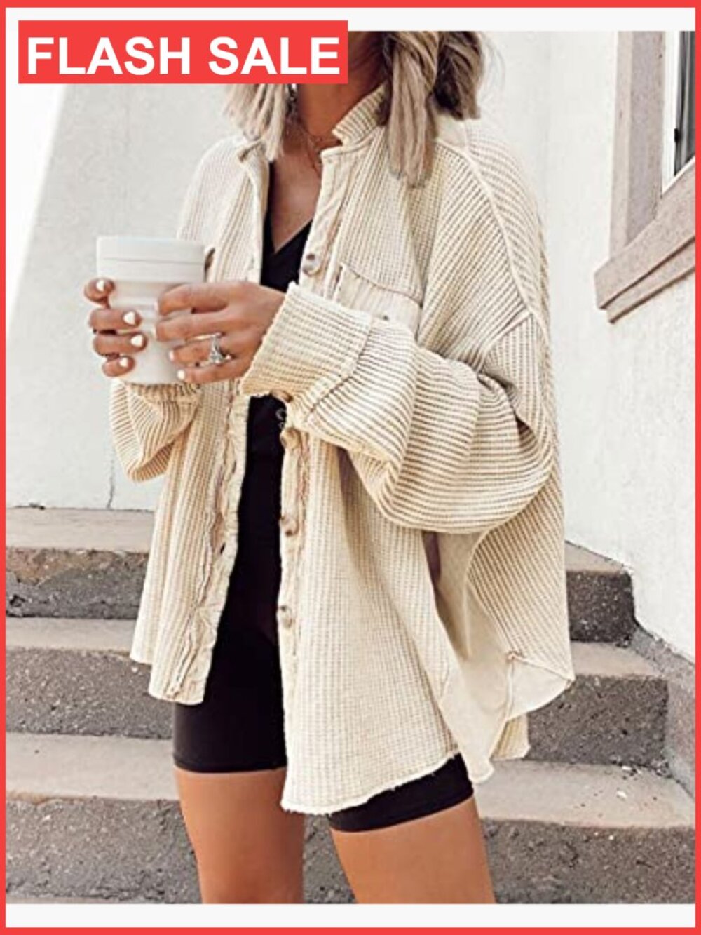 Waffle Knit Button Down Shacket Loose Fit Batwing Sleeve - Picture 2 of 6